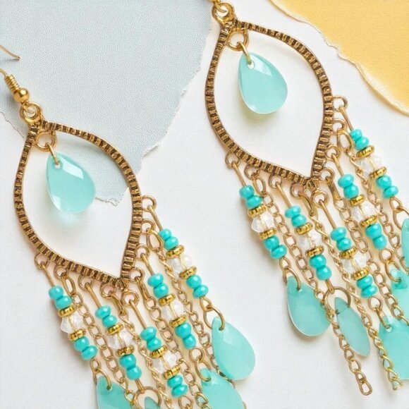 🆕Boho Chic Gold & Turquoise Festival Drop Lightweight Statement Earrings - Picture 9 of 9